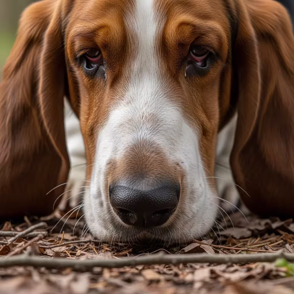Close-up of Basset Hound's nose and ears.