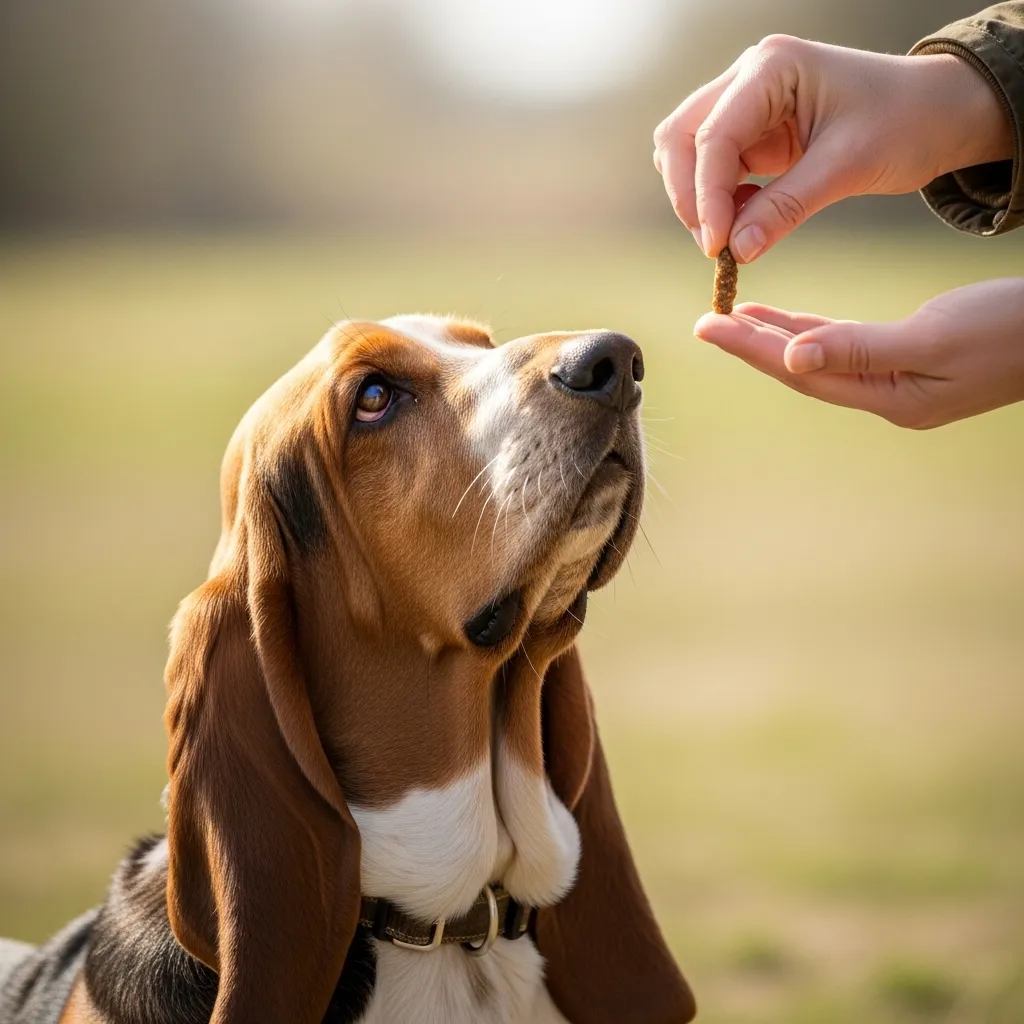 Basset hound successfully completing a training task.