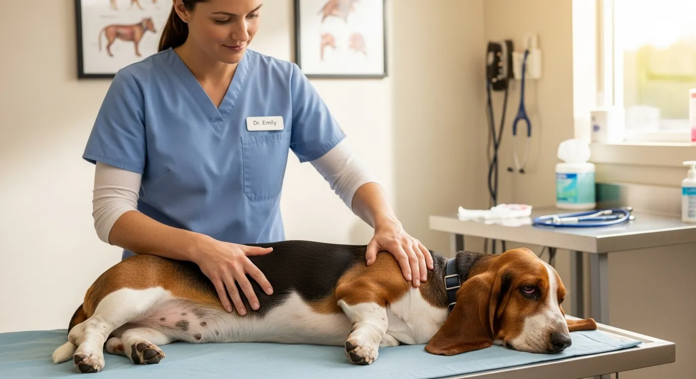 Veterinarian examining a Basset Hound's legs and spine.