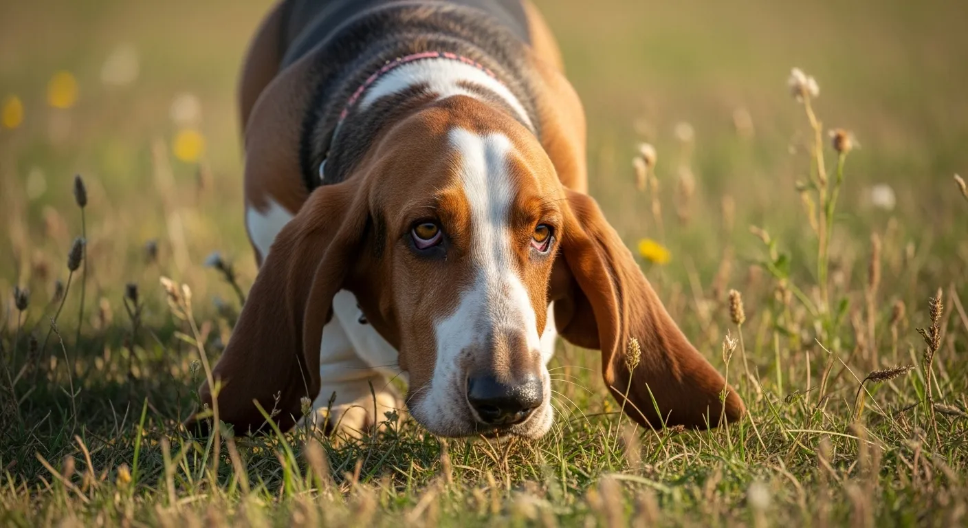 Basset Hound following a scent trail.