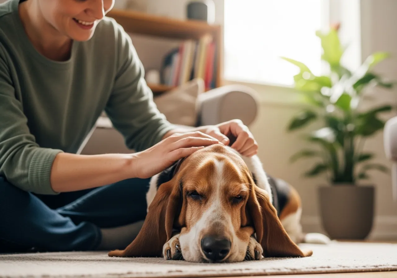 Basset hound relaxing at home with owner.