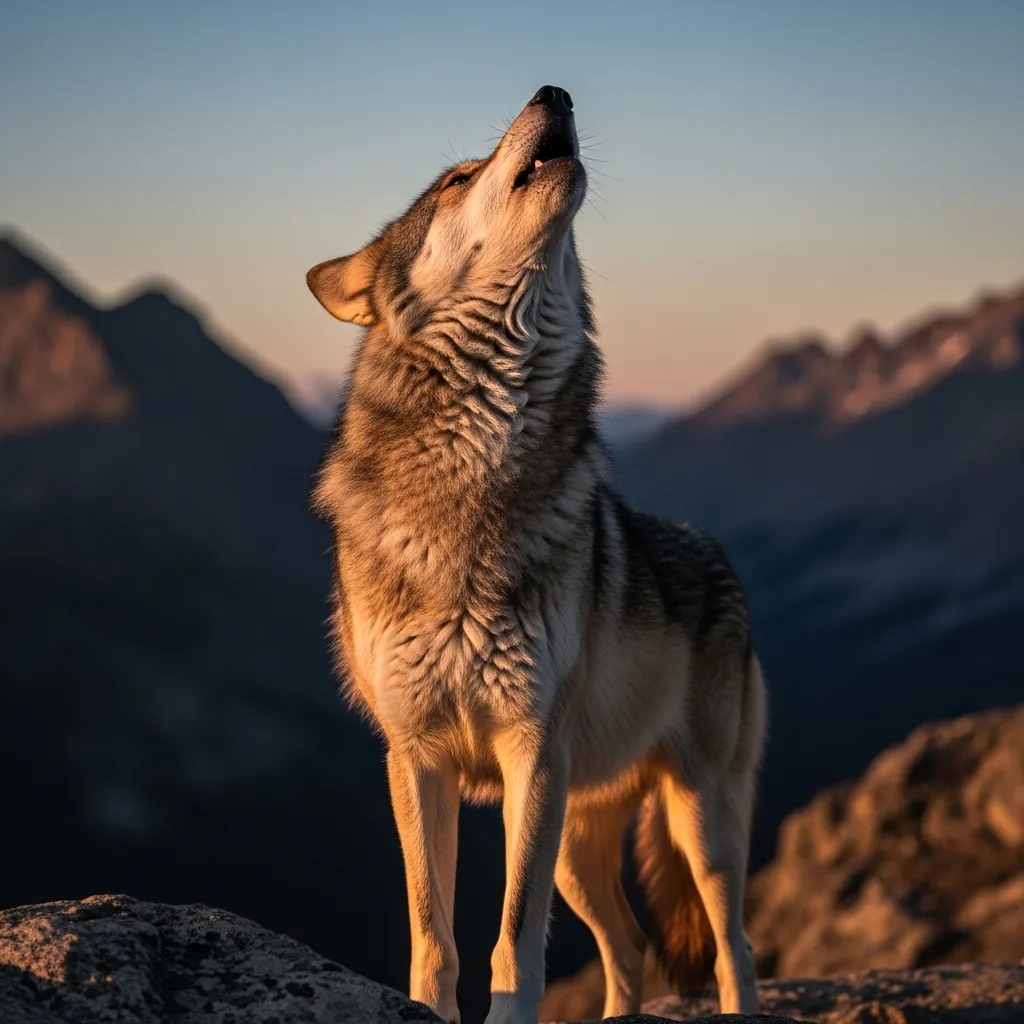 Wolf howling at twilight.