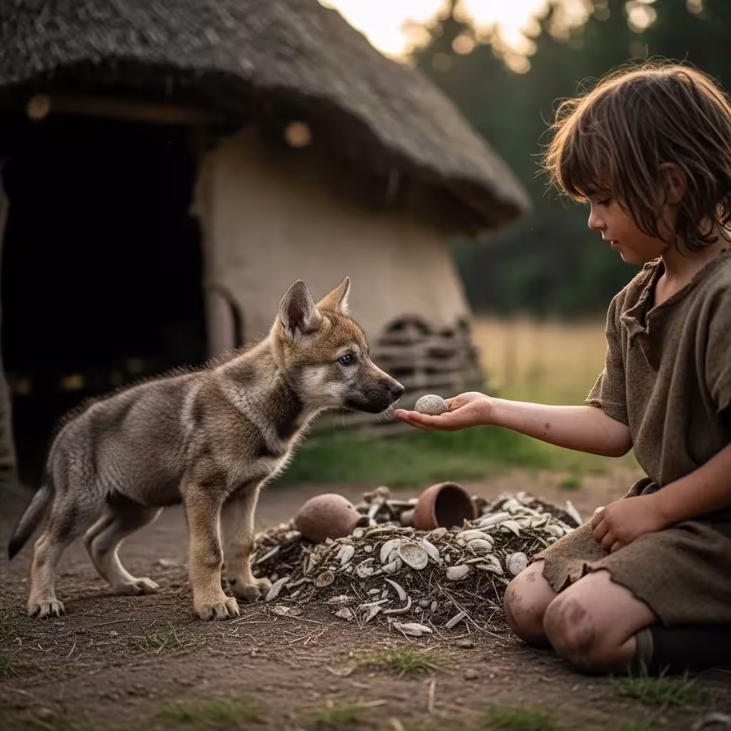 Wolf pup and human child interacting, depicting early stages of wolf domestication.