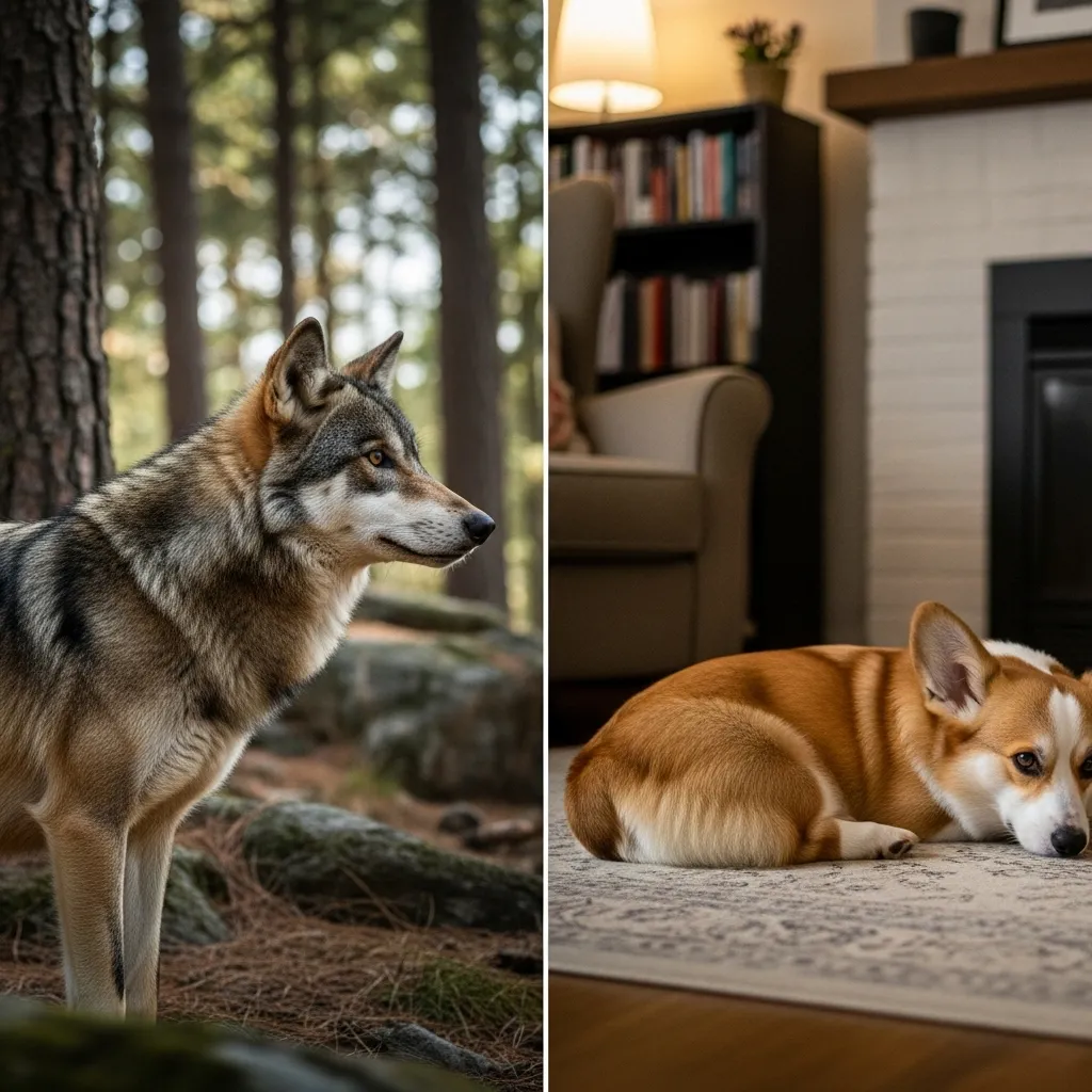 Wolf in wild habitat contrasted with Corgi in a home, visualizing the shift from wild to domestic life.