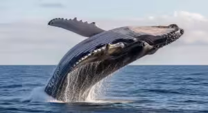 Humpback whale breaching, showing full body.