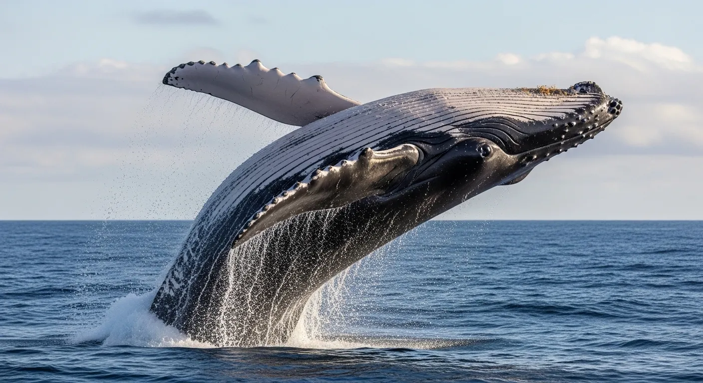 Humpback whale breaching, showing full body.