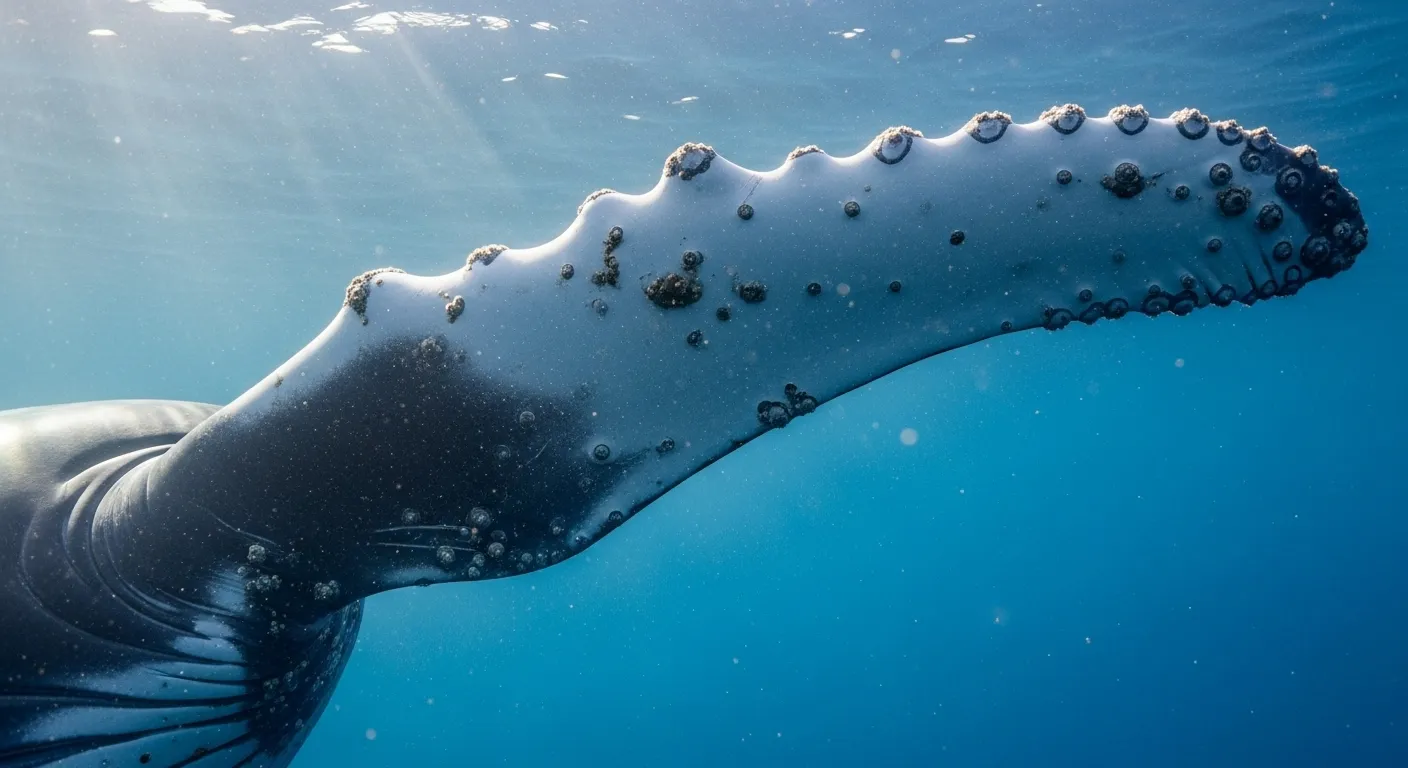 Humpback whale's distinctive long pectoral fin underwater.