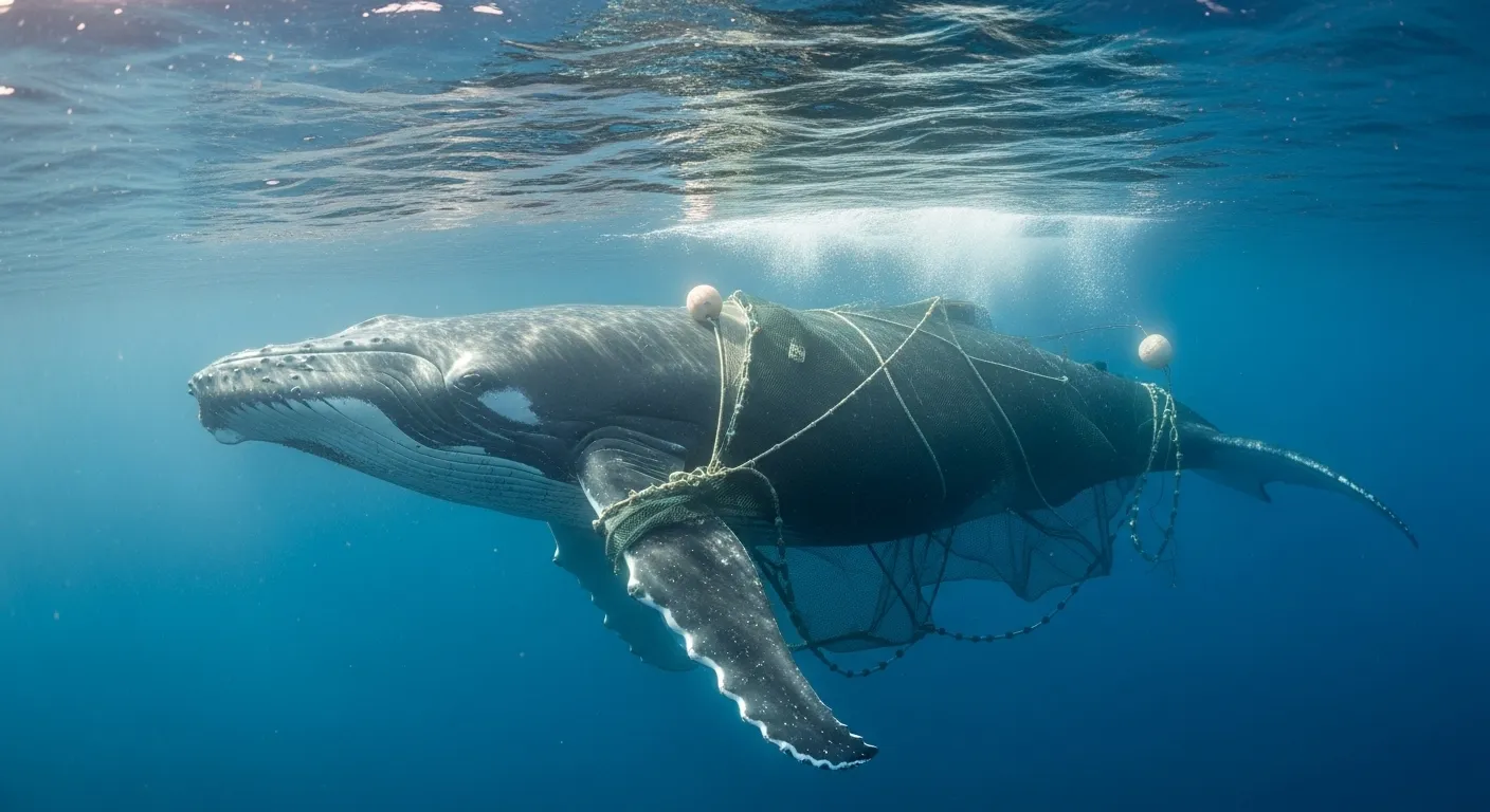Humpback whale entangled in fishing net, a modern conservation challenge.
