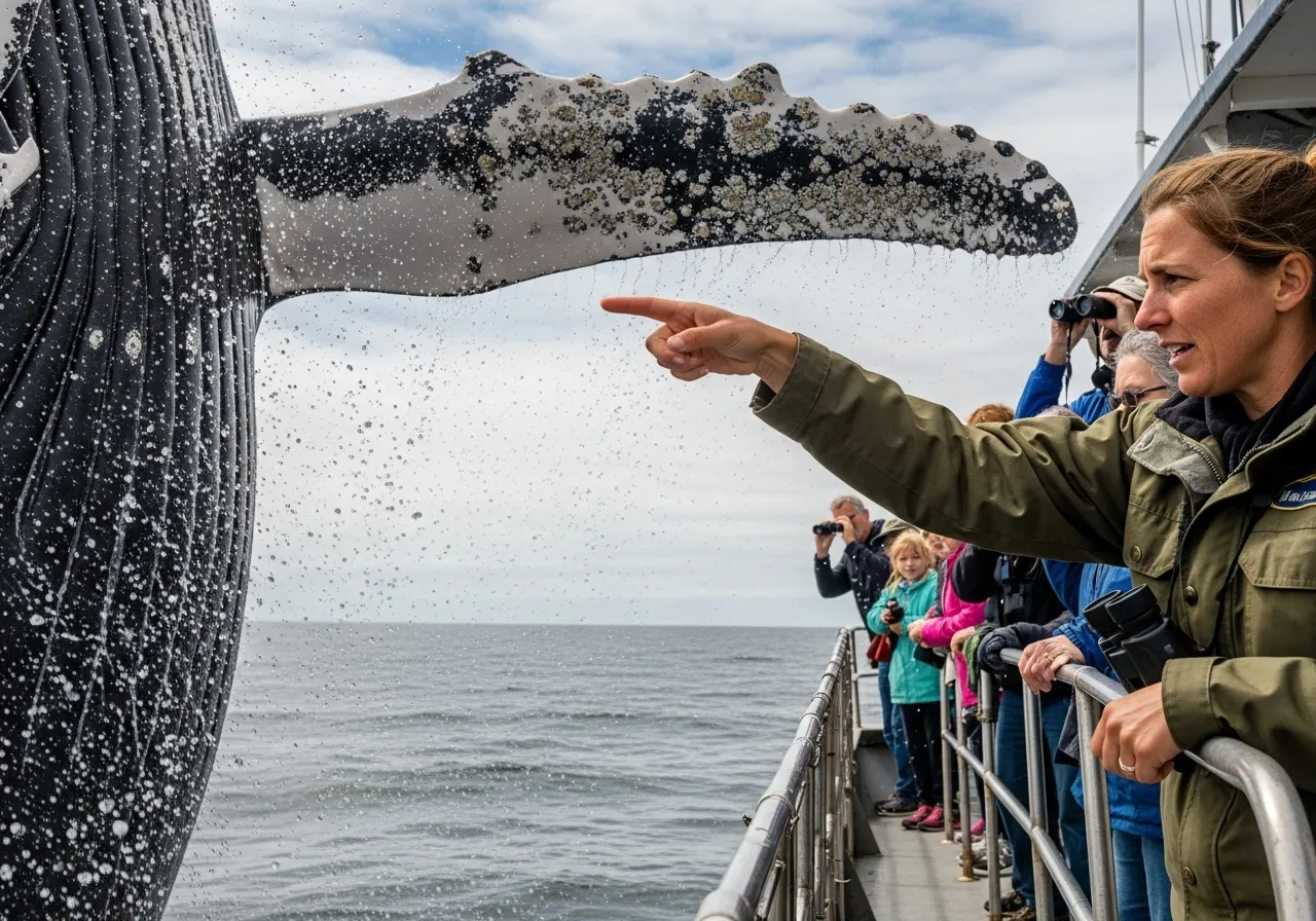 Naturalist educating tourists about whales.