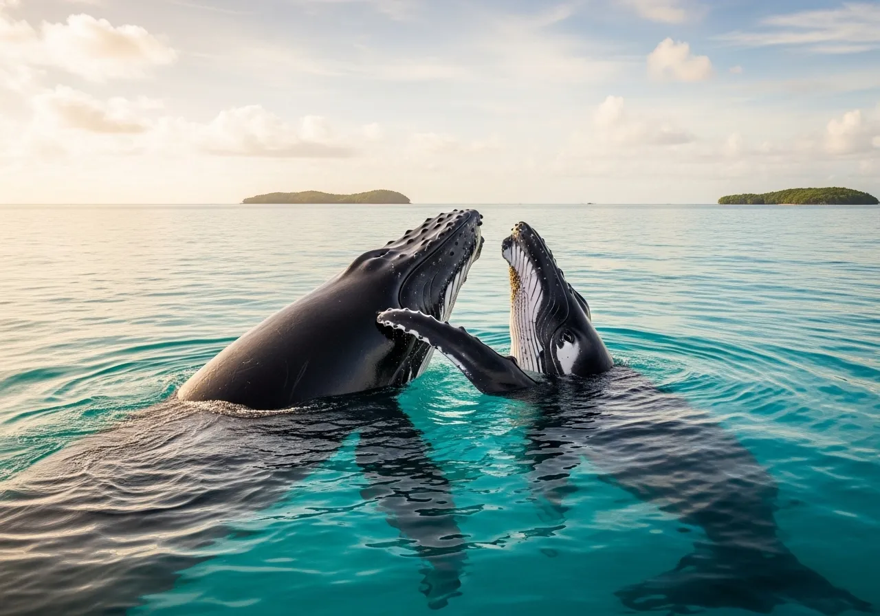 Two humpback whales interacting at the surface, potentially displaying social behavior.