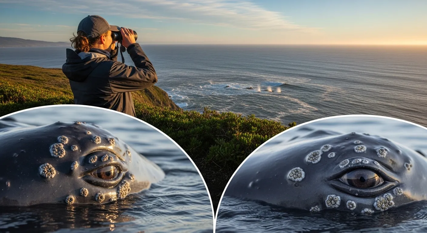 Person with binoculars scanning the ocean horizon for whales.