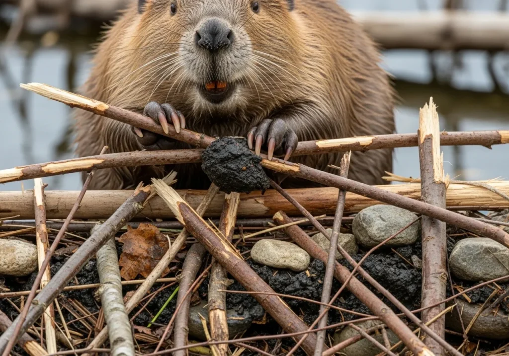 Beaver building dam with branches and mud, paws shown.