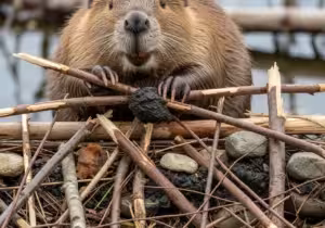 Beaver building dam with branches and mud, paws shown.