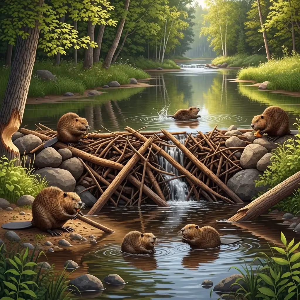 Beaver dam and pond integrated into the river ecosystem.