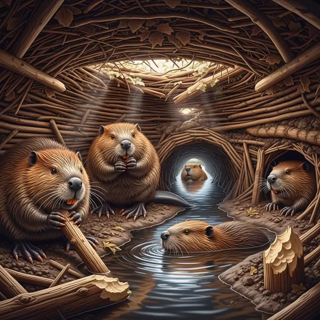 Beavers inside their lodge, demonstrating family interactions within the tunnels and chambers.