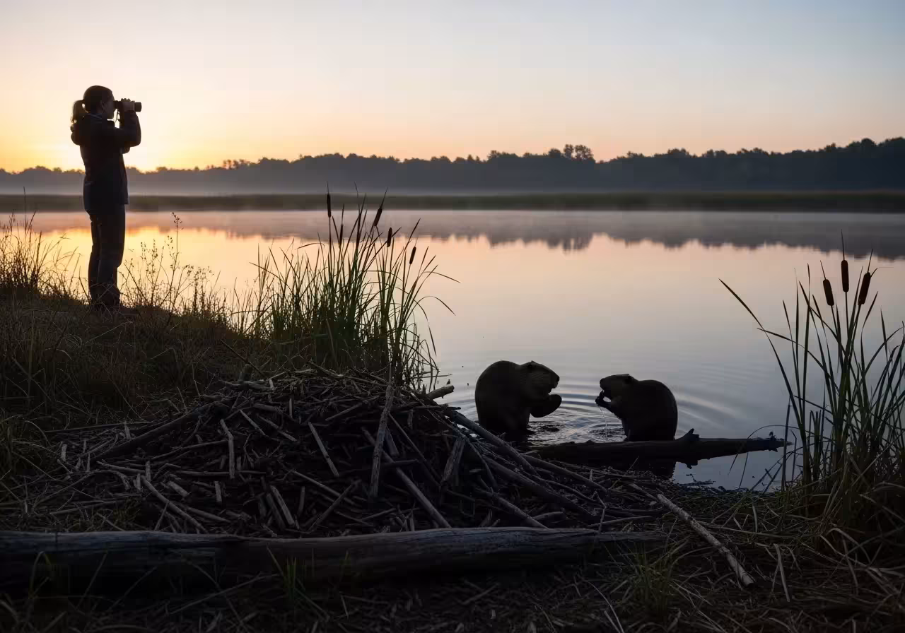 Person observing beavers from a distance at dawn.