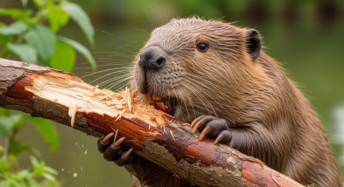 Beaver stripping bark from a branch, highlighting teeth and paws.