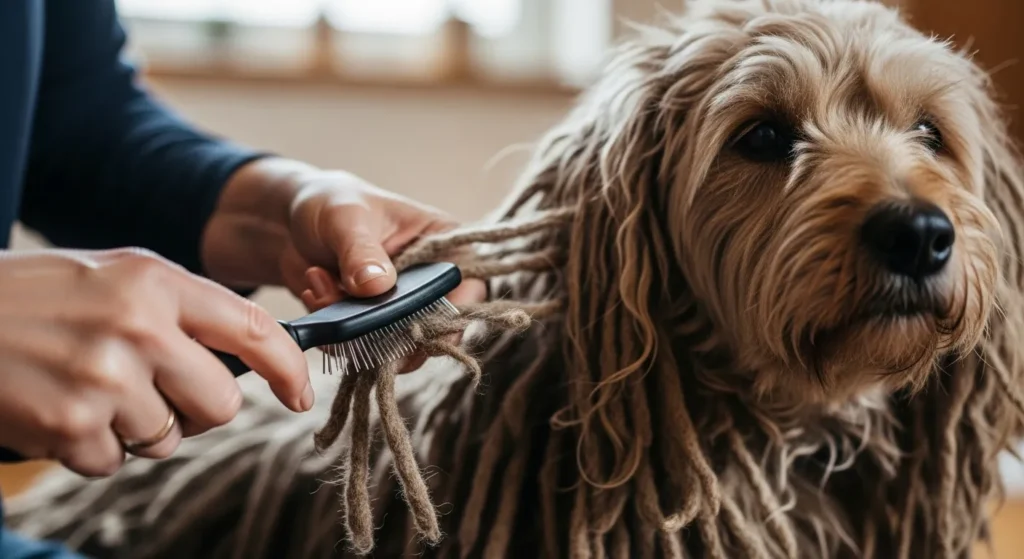 Owner brushing a Puli dog's corded coat.