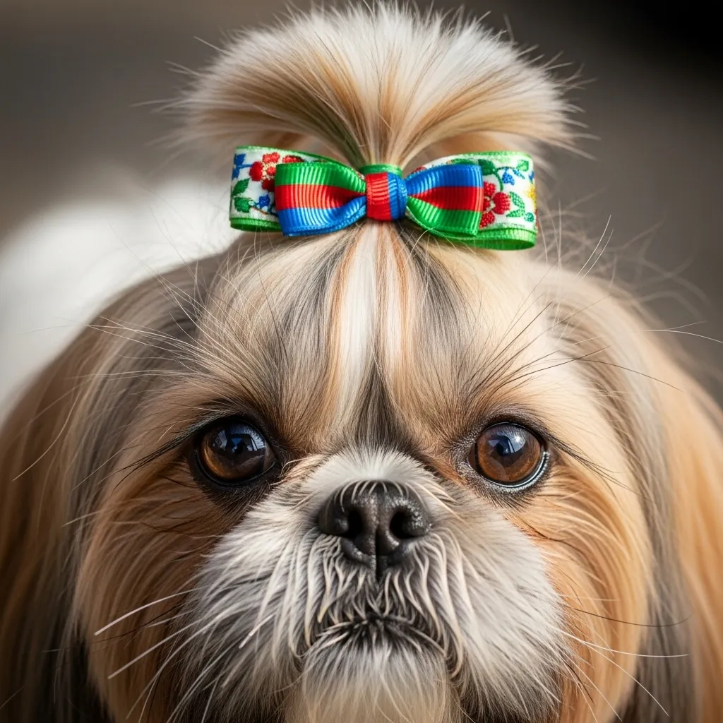 Shih Tzu topknot tied with ribbon, preventing hair from covering eyes.