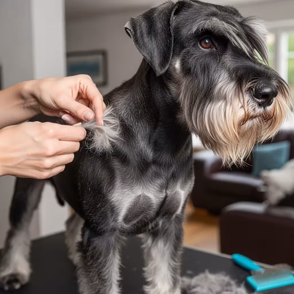 Groomer hand-stripping a Giant Schnauzer's wiry coat.