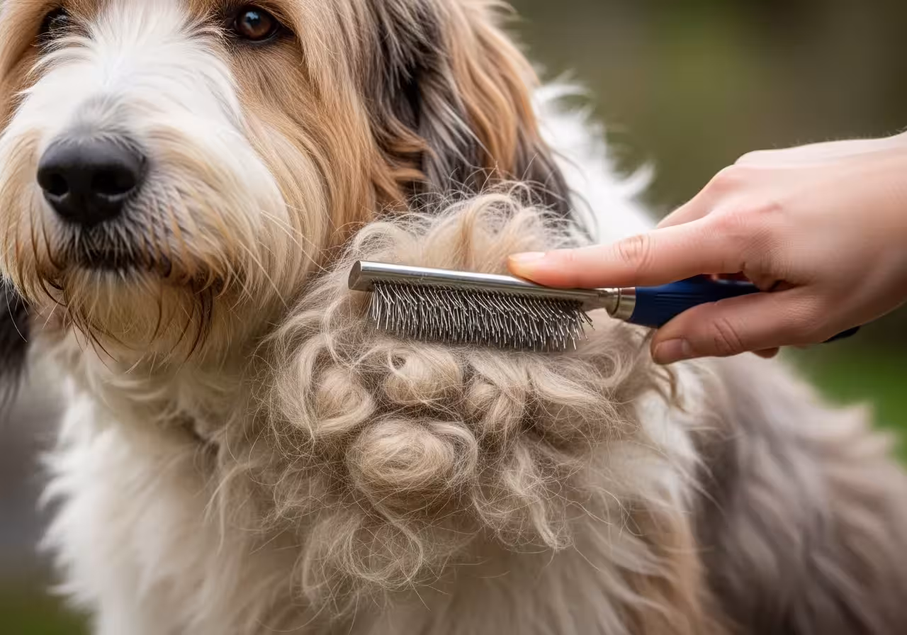 Close-up of a slicker brush being used to remove mats from a long-haired dog's fur.