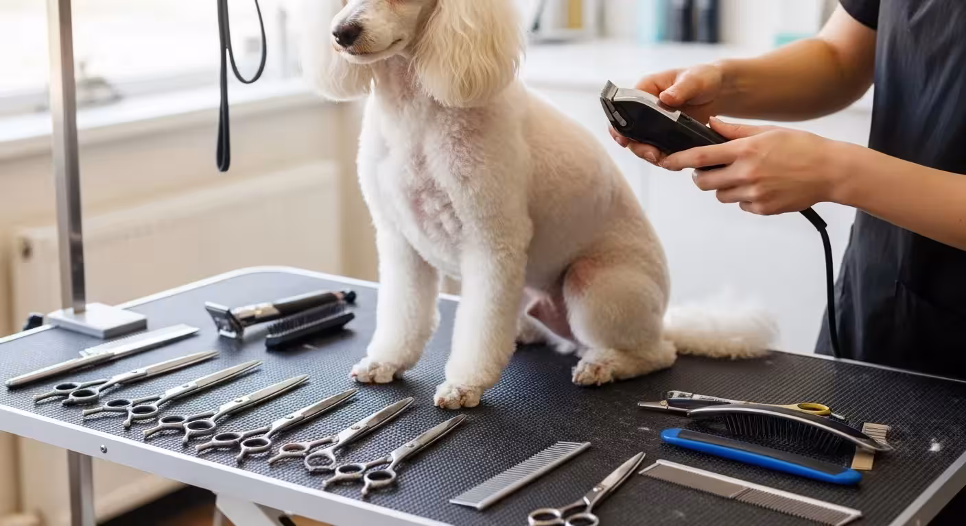 A Poodle undergoing a professional haircut on a grooming table.