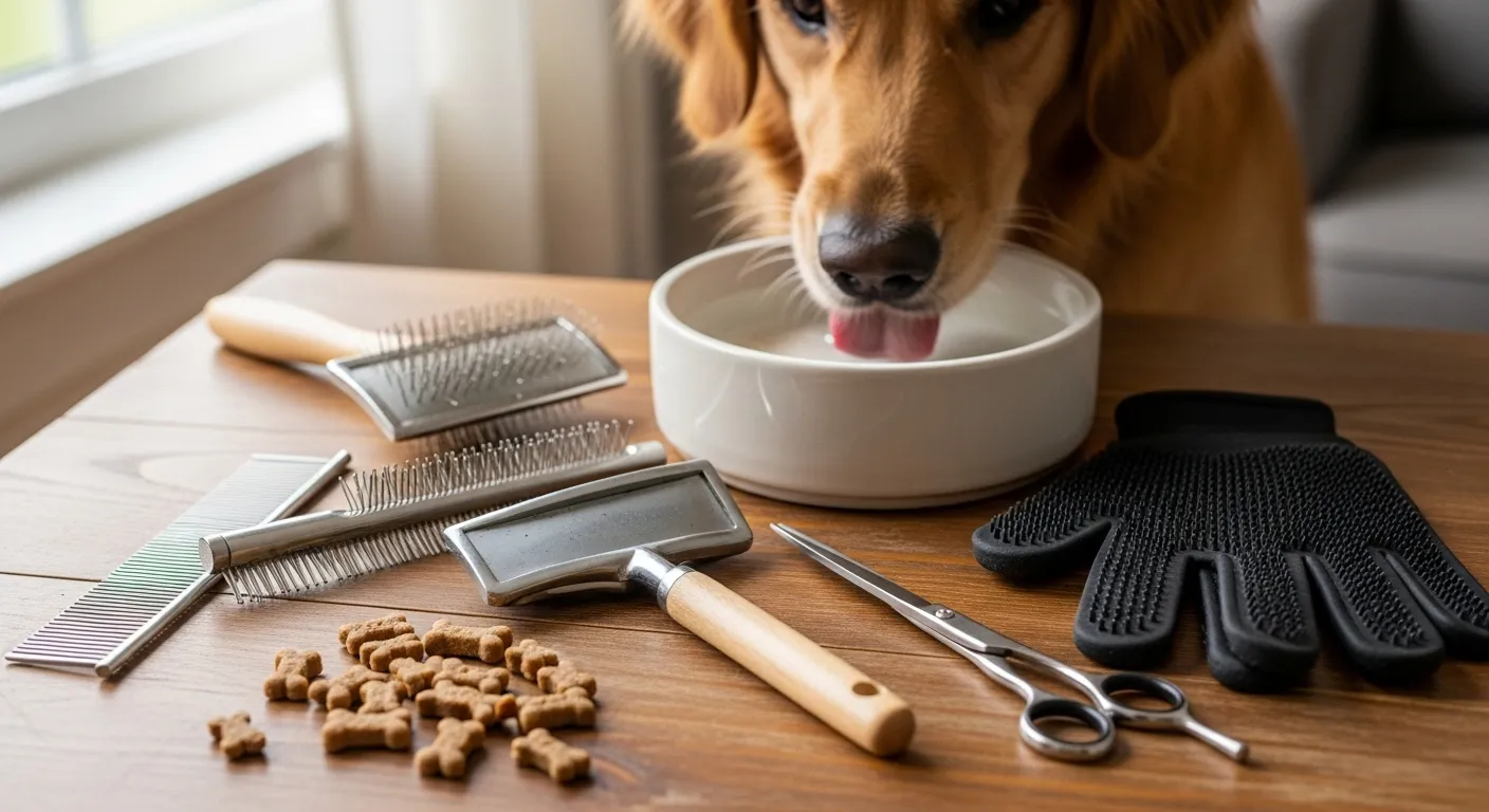 Grooming tools, water bowl, and treats in a home setting.