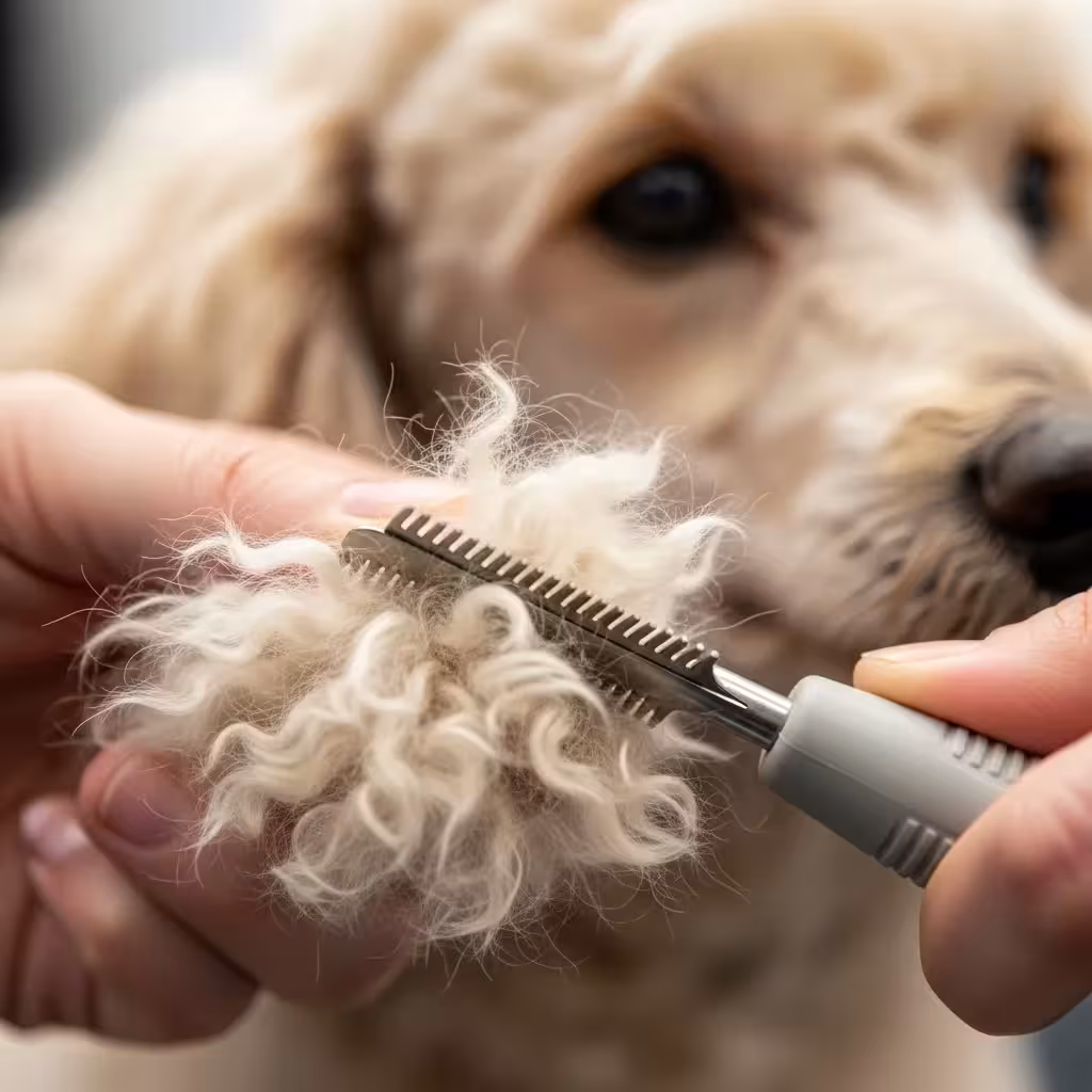 Close-up of a poodle's matted fur being carefully separated with a grooming tool.