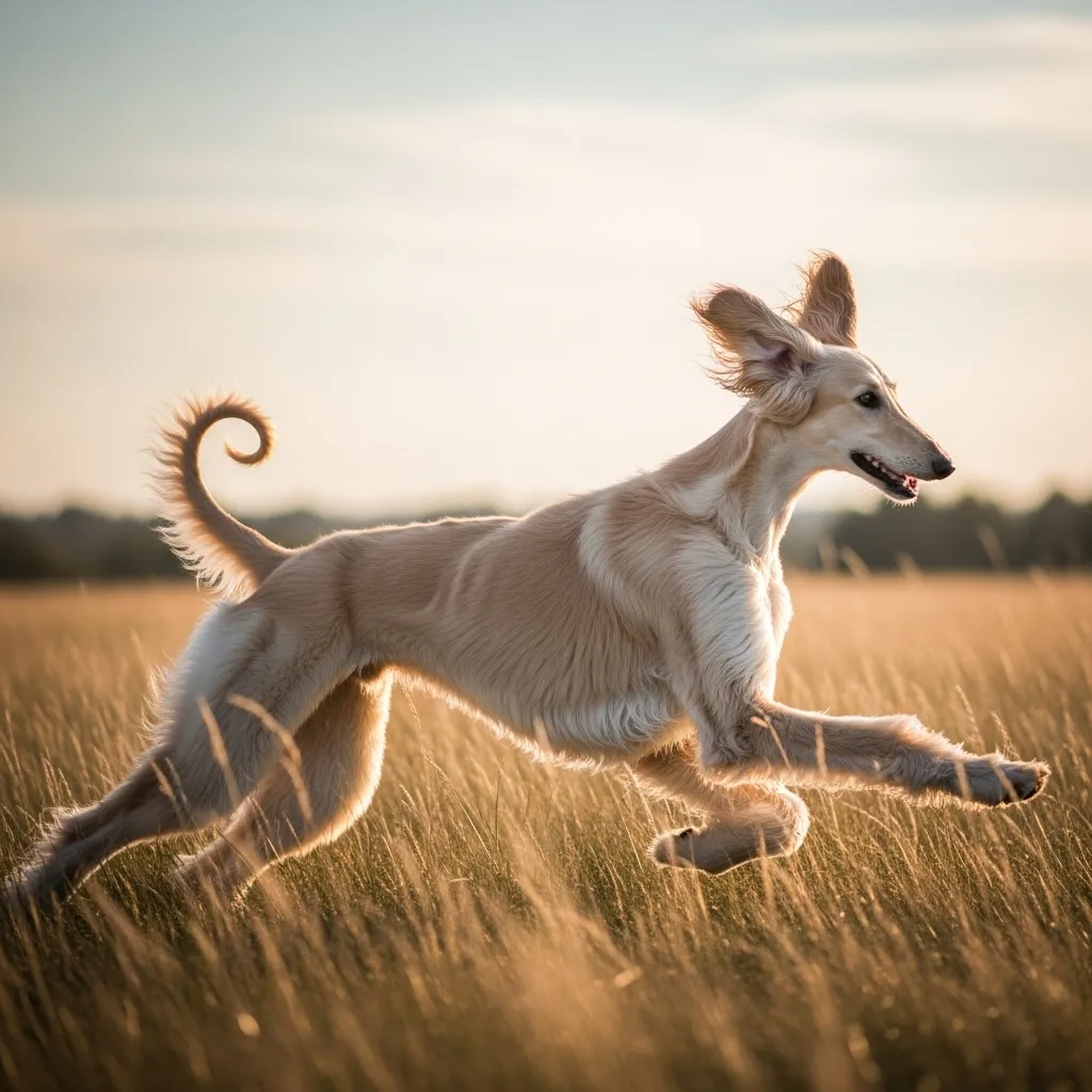 Afghan Hound running, long coat flowing in the wind.