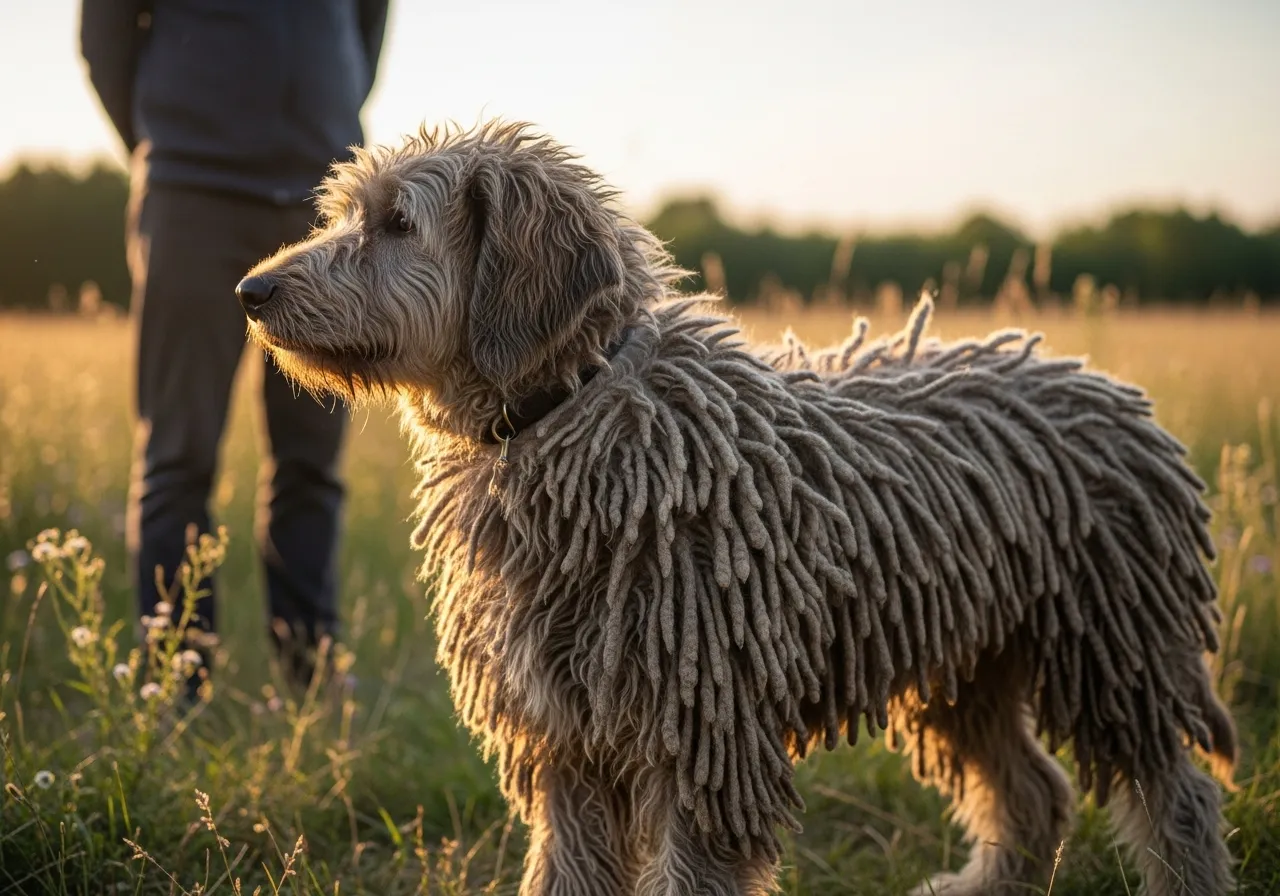 Komondor puppy with early cord formation, showing transition from puppy fur.