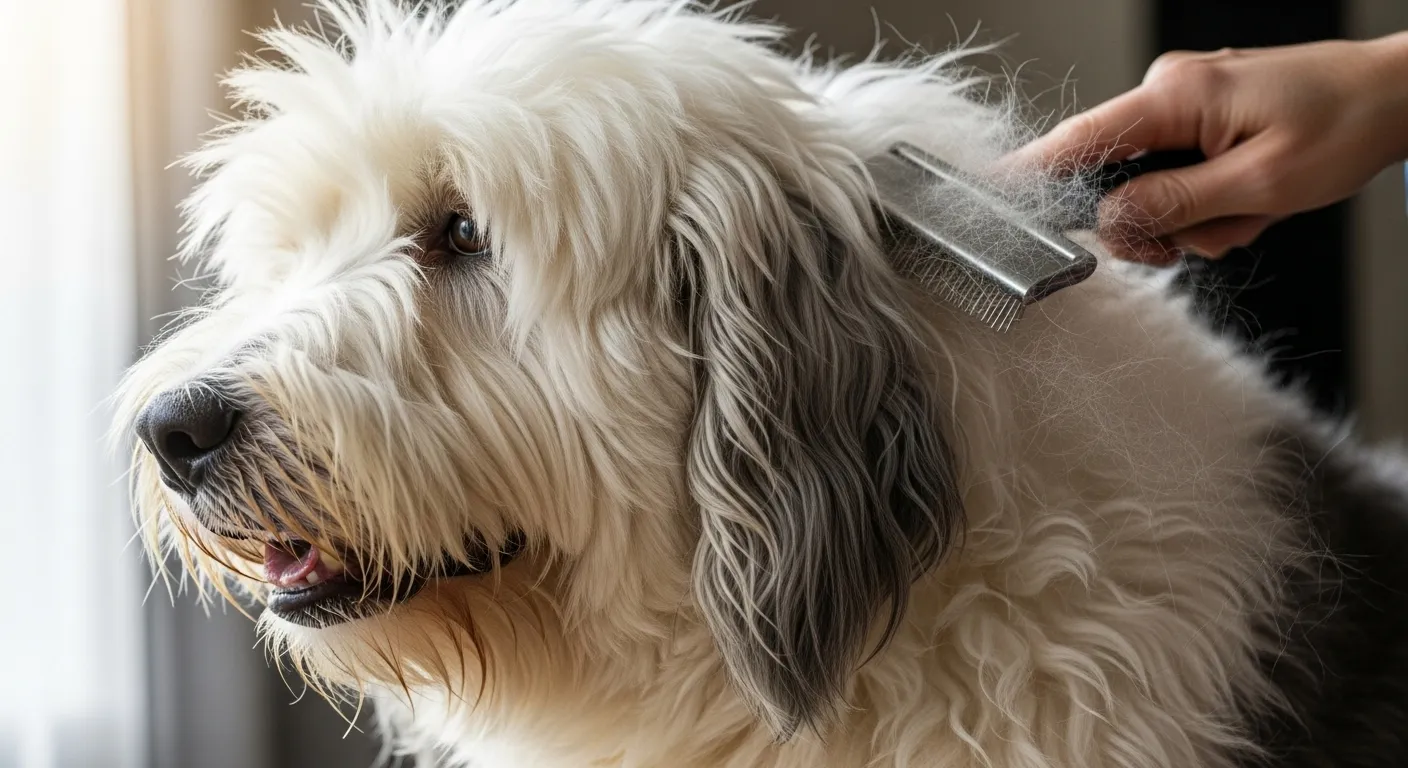 An Old English Sheepdog being groomed by its owner.