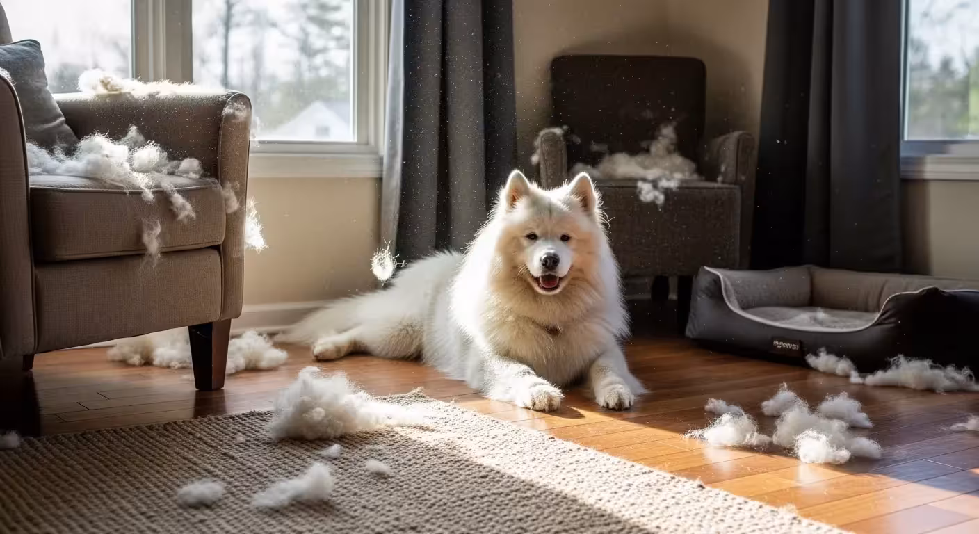 A Samoyed dog shedding fur in its home environment, highlighting the need for regular grooming.