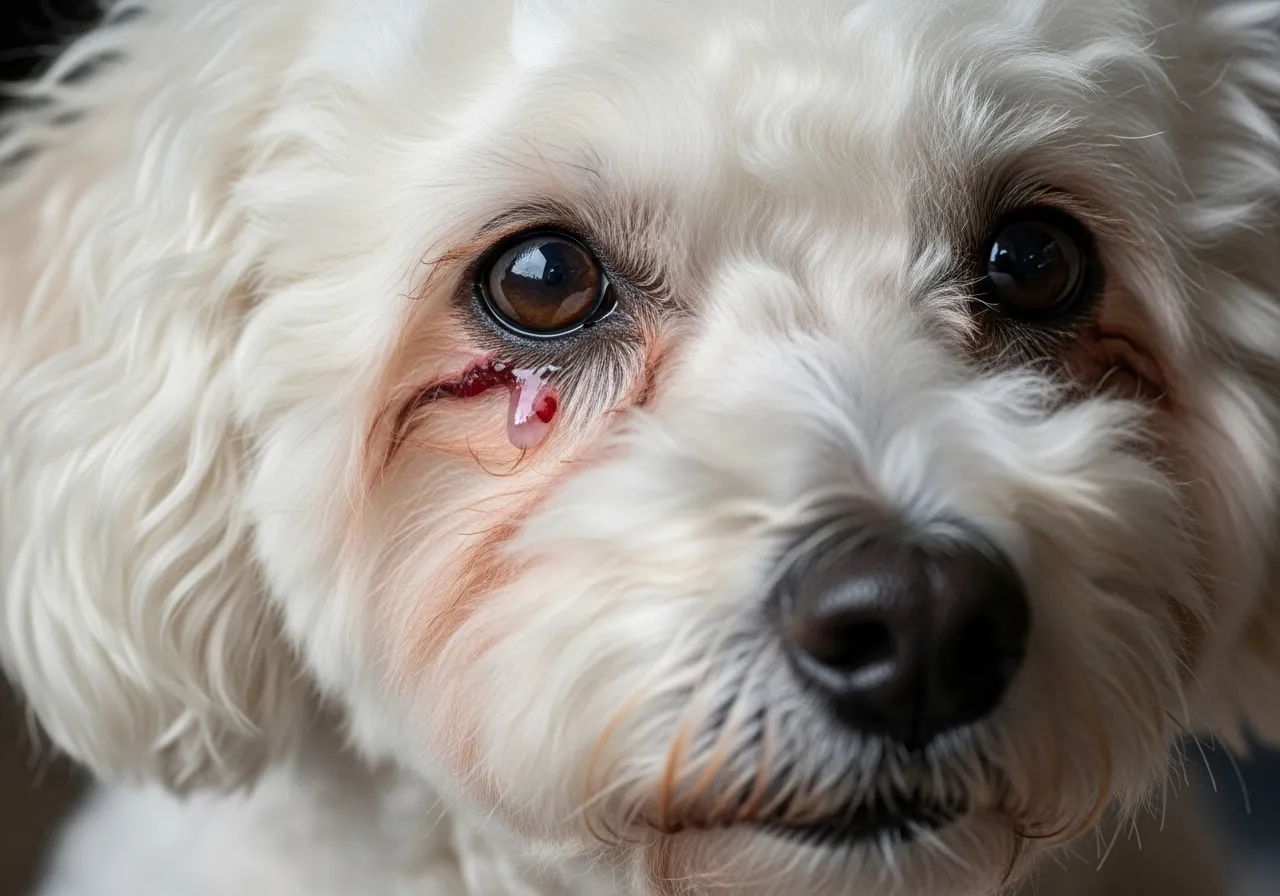 Bichon Frise with visible tear stains around its eyes.
