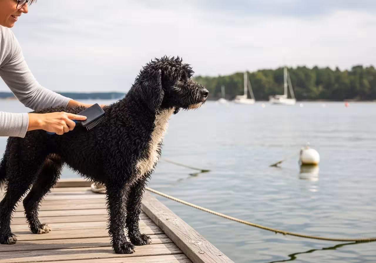 An owner brushes their Portuguese Water Dog's wet, wavy coat after a swim.