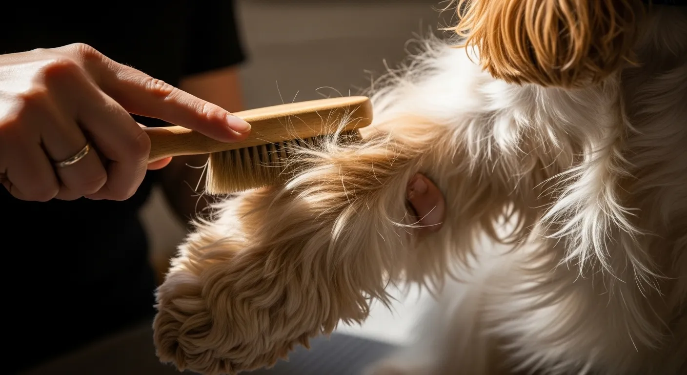 Brushing a Cocker Spaniel's leg to maintain coat health.