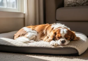 Cavalier King Charles Spaniel napping on a dog bed.