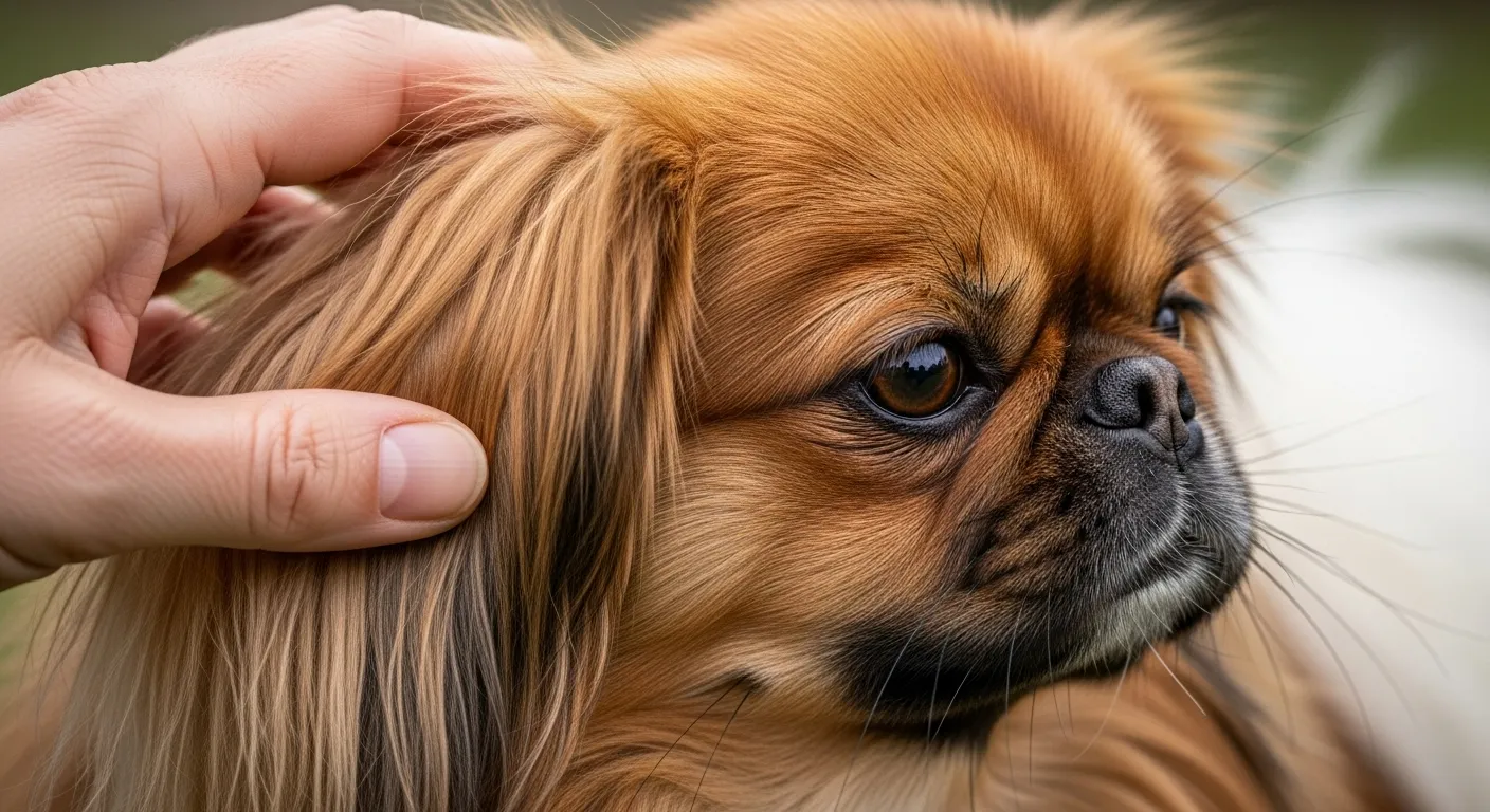 Owner interacting gently with a Pekingese dog.