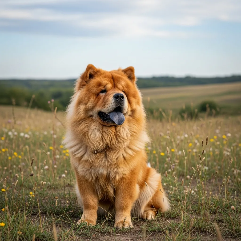 Chow Chow dog sitting, showing its blue-black tongue.