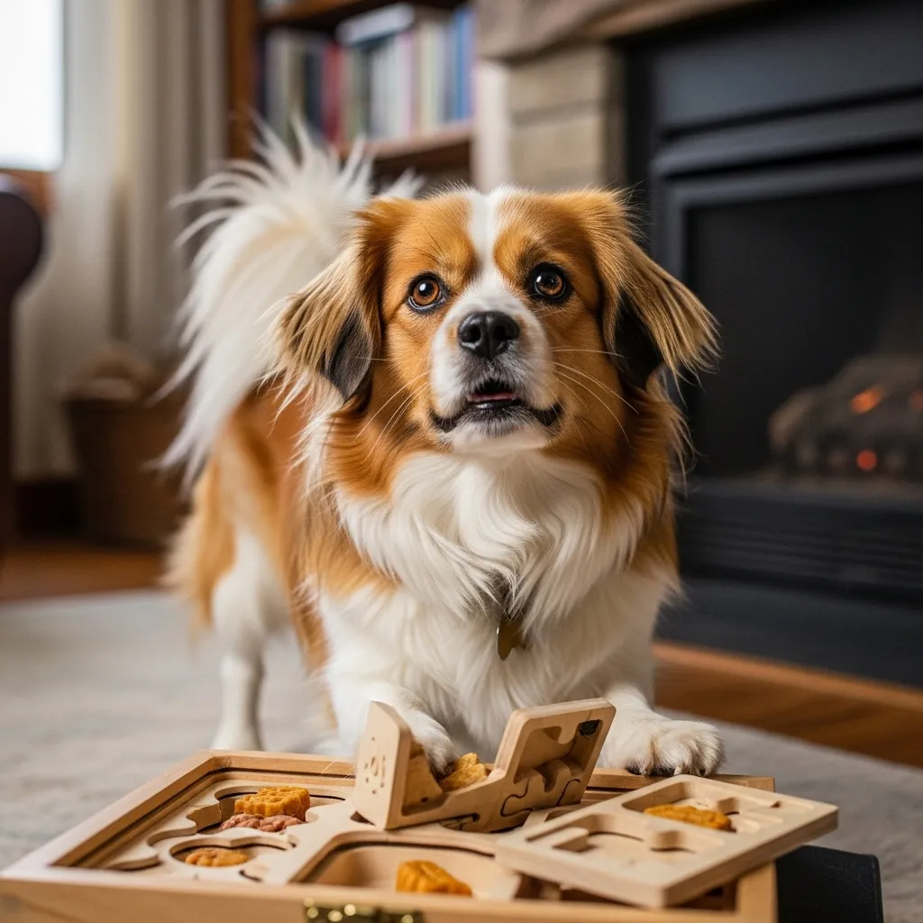 Tibetan Spaniel engaging with a puzzle toy indoors.