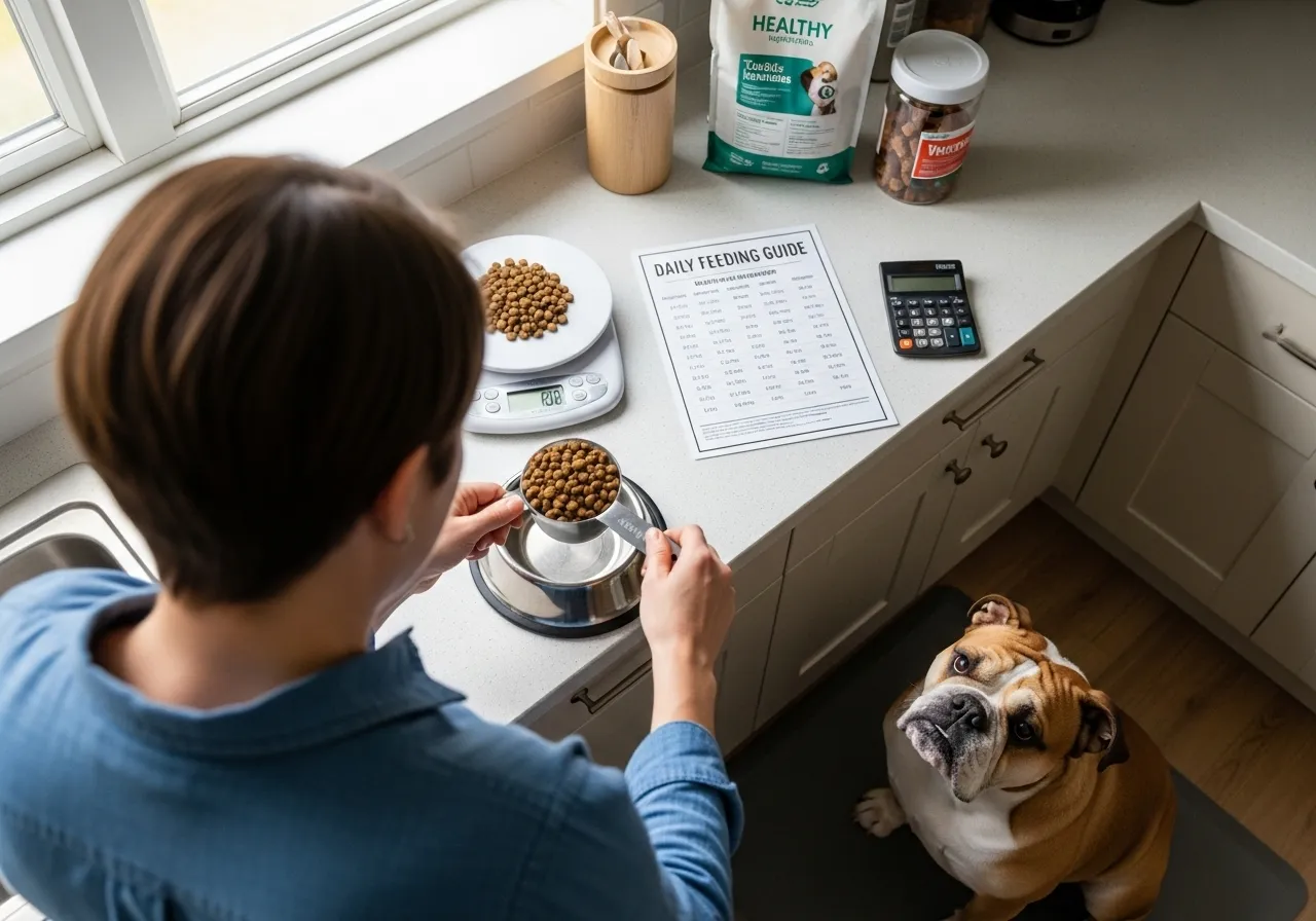 Owner measuring dog food for a Bulldog, demonstrating proper portion control.