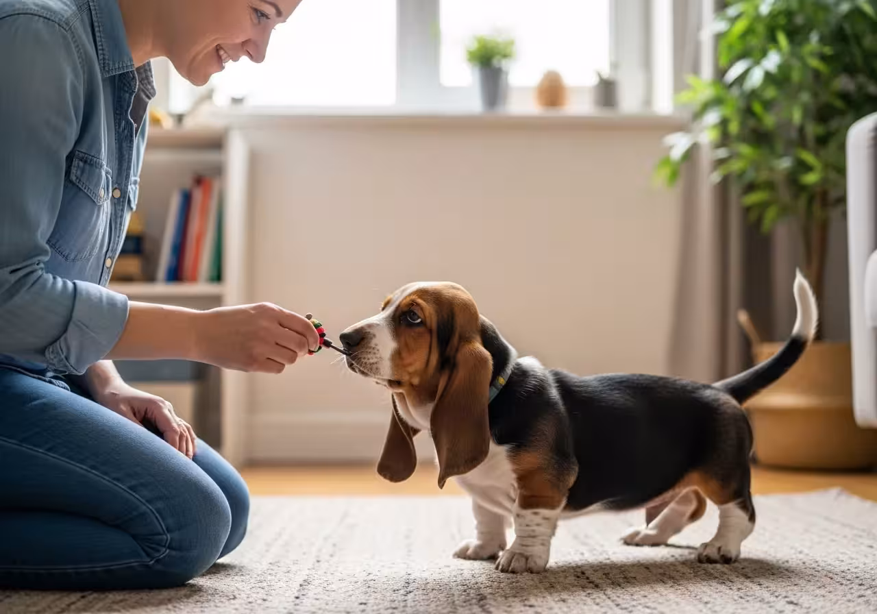 Basset Hound puppy in training indoors.