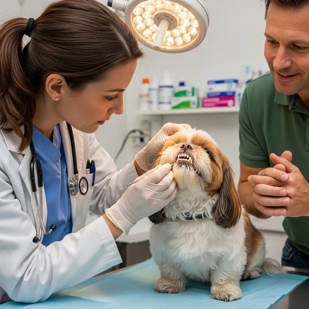 Vet examining a Shih Tzu during a health check.