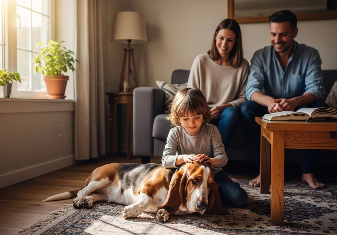 Basset Hound interacting gently with a child, demonstrating its family-friendly temperament.