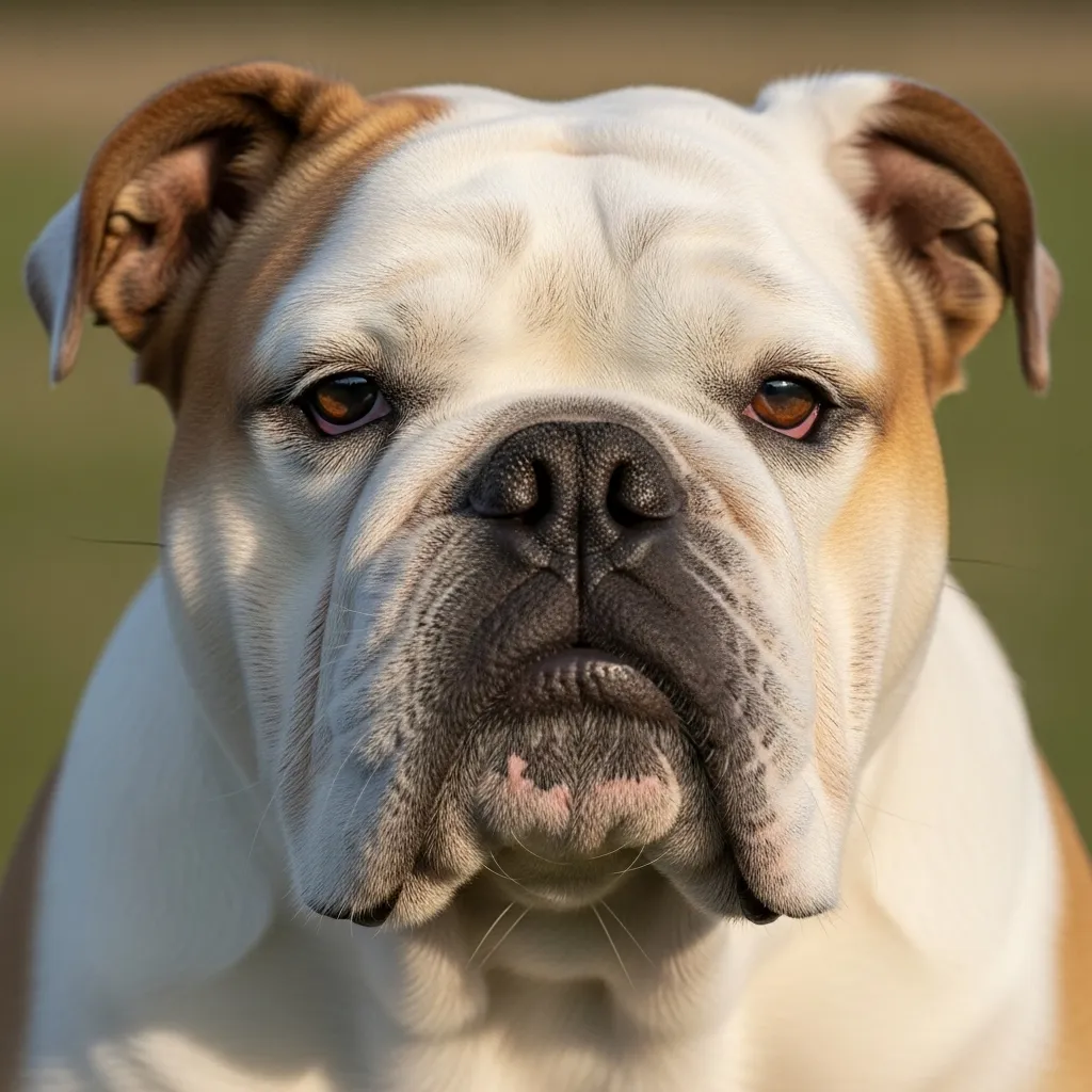 Close-up of an English Bulldog's face, showing its characteristic wrinkles.