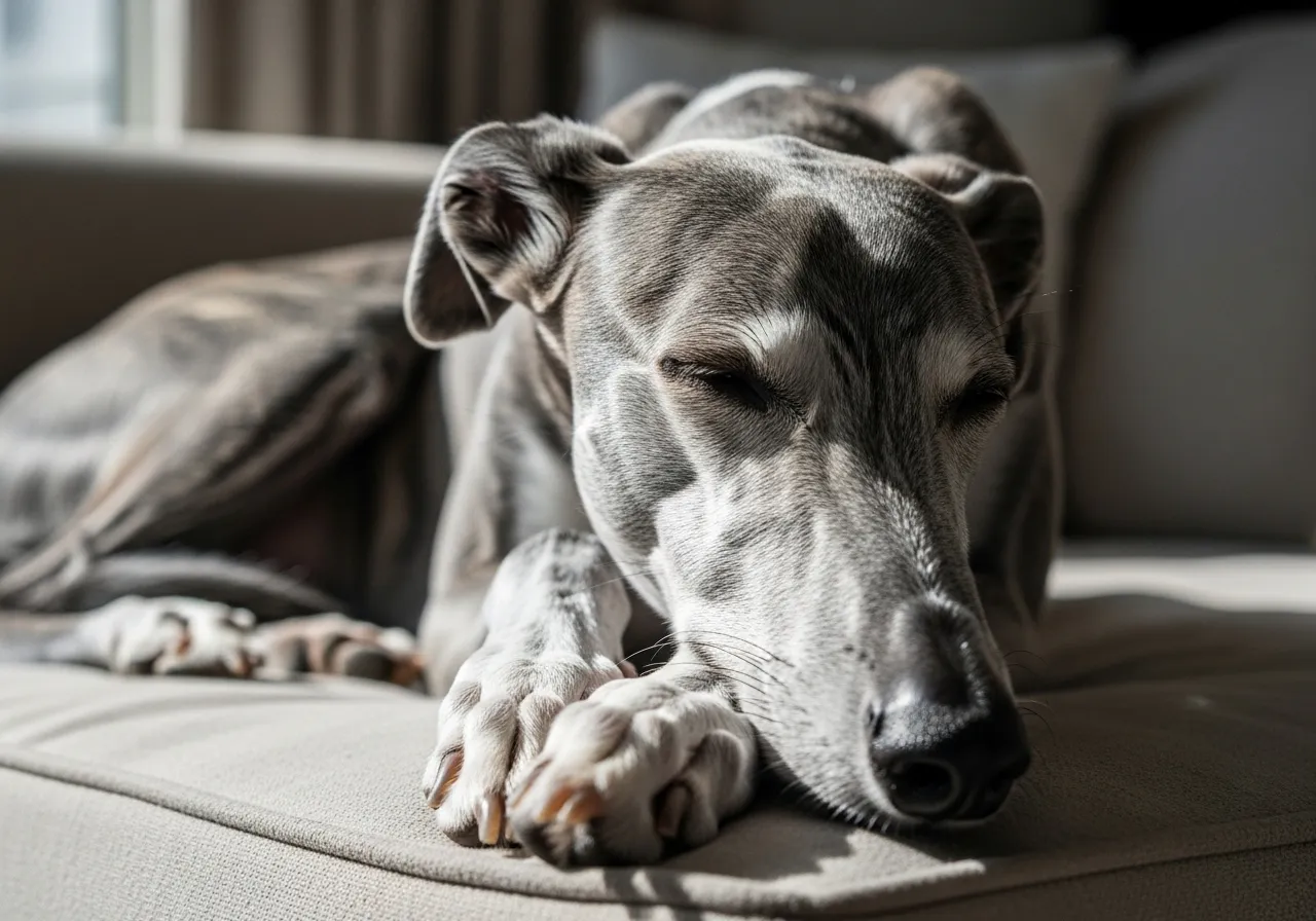 Greyhound dog relaxing on a couch indoors.