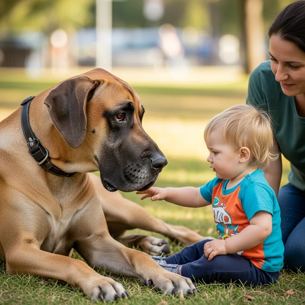 Great Dane interacting gently with a child, showing gentle giant nature.