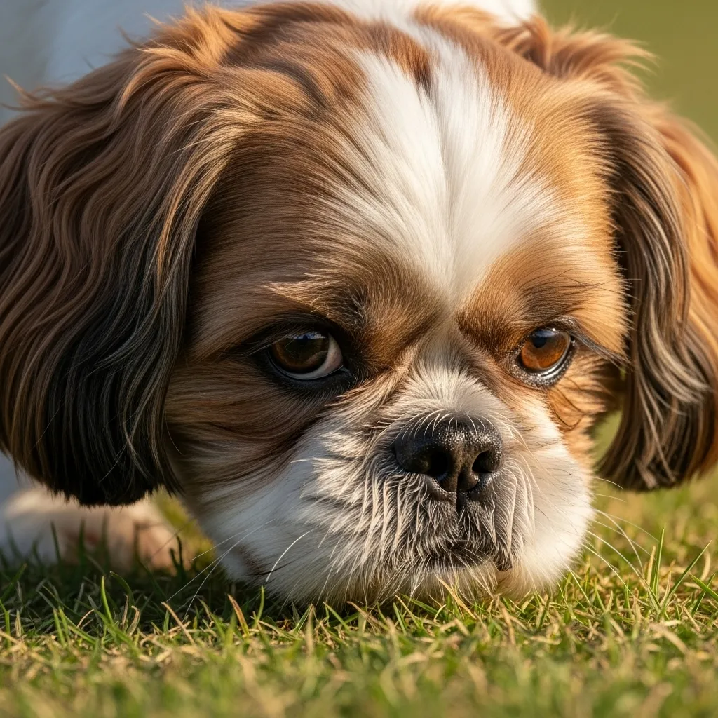 Close-up of a Shih Tzu's face, showing its short nose and wide-set eyes.