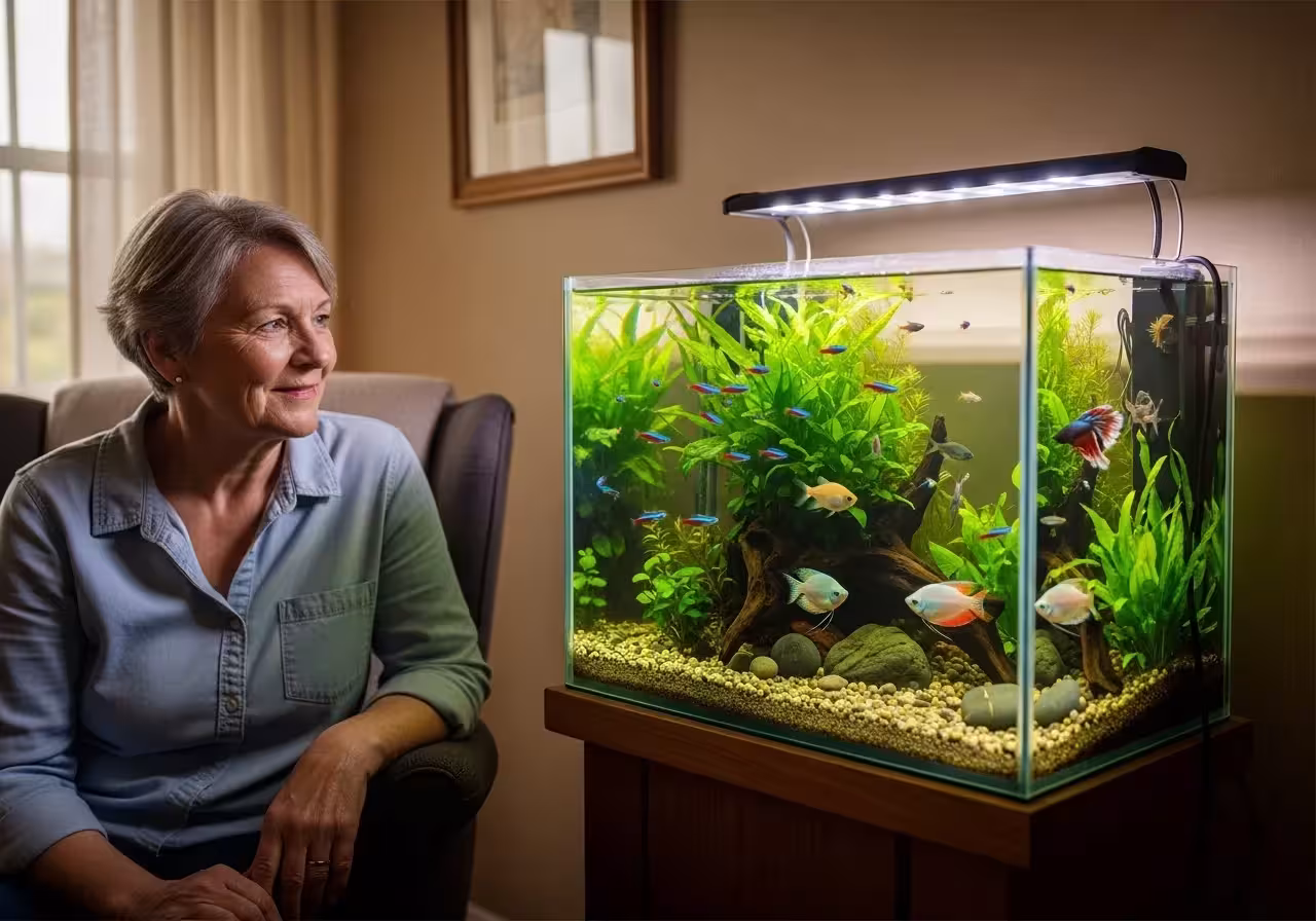 Senior observing a peaceful aquarium.