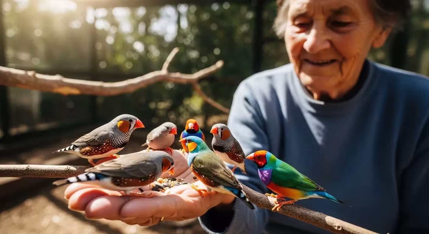 Senior hand-feeding birds in aviary; emphasizes joy and interaction.