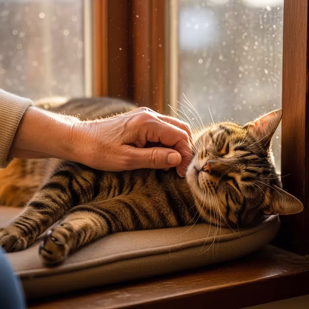 Senior person petting a content tabby cat indoors.